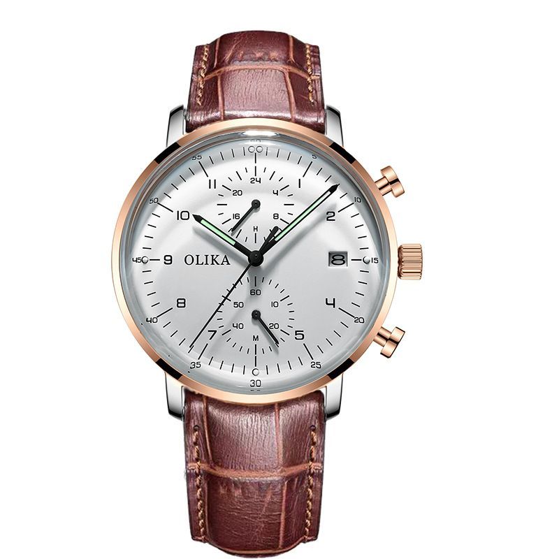 men's watch, ultra-thin watch, leather strap watch, luminous watch, waterproof watch, date calendar watch, curved glass watch, casual sports watch, OLIKA watch, men's fashion watch - Brown leather belt with rose - gold and white surface - Size Man