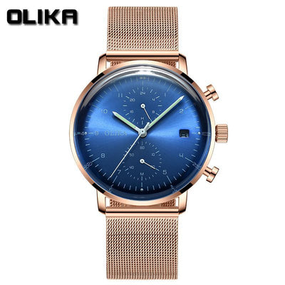 men's watch, ultra-thin watch, leather strap watch, luminous watch, waterproof watch, date calendar watch, curved glass watch, casual sports watch, OLIKA watch, men's fashion watch - Rose gold with a blue face - Size Man