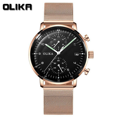 men's watch, ultra-thin watch, leather strap watch, luminous watch, waterproof watch, date calendar watch, curved glass watch, casual sports watch, OLIKA watch, men's fashion watch - Rose gold with a black face - Size Man
