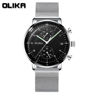 men's watch, ultra-thin watch, leather strap watch, luminous watch, waterproof watch, date calendar watch, curved glass watch, casual sports watch, OLIKA watch, men's fashion watch - Stainless steel with a black face - Size Man