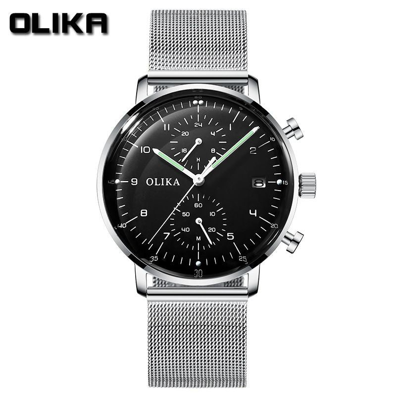 men's watch, ultra-thin watch, leather strap watch, luminous watch, waterproof watch, date calendar watch, curved glass watch, casual sports watch, OLIKA watch, men's fashion watch - Stainless steel with a black face - Size Man