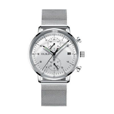 men's watch, ultra-thin watch, leather strap watch, luminous watch, waterproof watch, date calendar watch, curved glass watch, casual sports watch, OLIKA watch, men's fashion watch - Stainless steel with a white face - Size Man