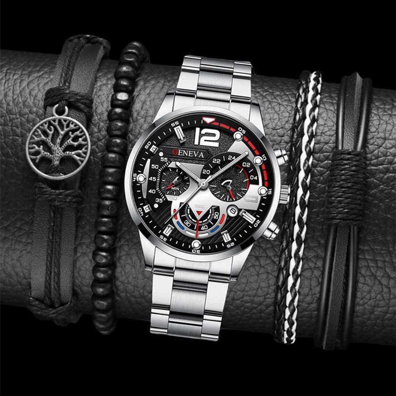 men's watch, Geneva calendar watch, stainless steel watch, business watch for men, Australian men's fashion, dress watch, formal watch, calendar wristwatch, Australian men's accessories - Black - Size 10
