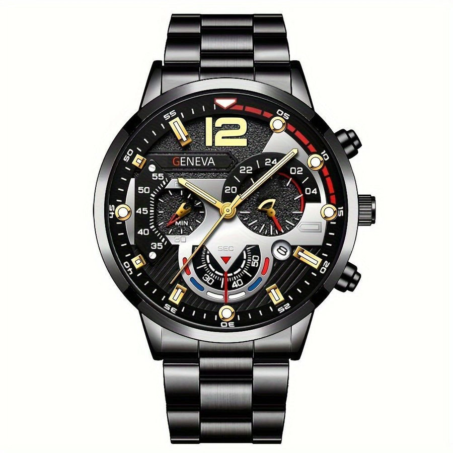 men's watch, Geneva calendar watch, stainless steel watch, business watch for men, Australian men's fashion, dress watch, formal watch, calendar wristwatch, Australian men's accessories - Black - Size 13