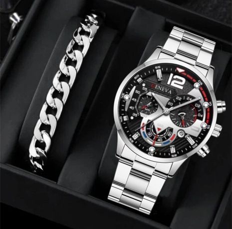 men's watch, Geneva calendar watch, stainless steel watch, business watch for men, Australian men's fashion, dress watch, formal watch, calendar wristwatch, Australian men's accessories - Black - Size 2