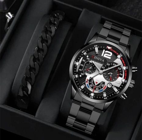 men's watch, Geneva calendar watch, stainless steel watch, business watch for men, Australian men's fashion, dress watch, formal watch, calendar wristwatch, Australian men's accessories - Black - Size 3