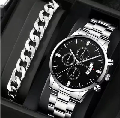 men's watch, Geneva calendar watch, stainless steel watch, business watch for men, Australian men's fashion, dress watch, formal watch, calendar wristwatch, Australian men's accessories - Black - Size 4