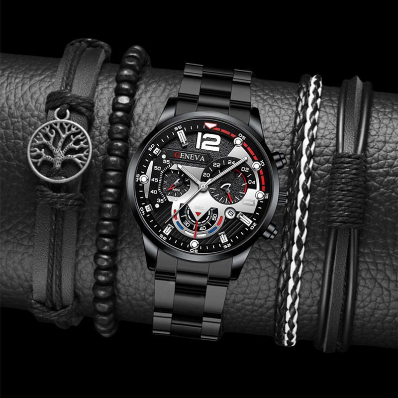 men's watch, Geneva calendar watch, stainless steel watch, business watch for men, Australian men's fashion, dress watch, formal watch, calendar wristwatch, Australian men's accessories - Black - Size 5