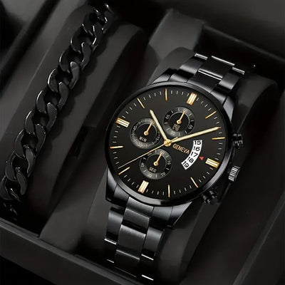men's watch, Geneva calendar watch, stainless steel watch, business watch for men, Australian men's fashion, dress watch, formal watch, calendar wristwatch, Australian men's accessories - Black - Size 7