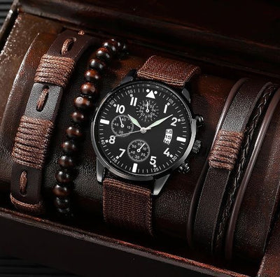 men's bracelet watch set, single calendar watch, fake three eye watch, canvas quartz watch, PU bracelet, men's fashion accessory, gift for men, Australian men's watch - Black - Size 1