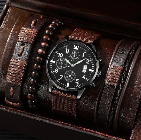 men's bracelet watch set, single calendar watch, fake three eye watch, canvas quartz watch, PU bracelet, men's fashion accessory, gift for men, Australian men's watch - Black - Size 1
