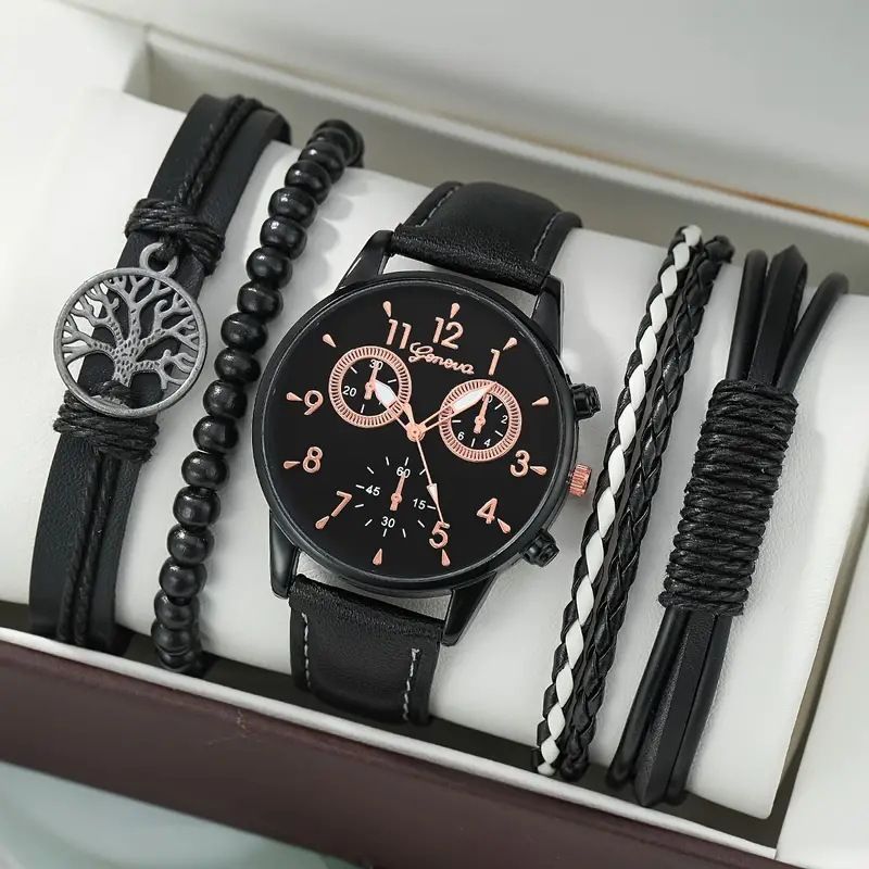 men's bracelet watch set, single calendar watch, fake three eye watch, canvas quartz watch, PU bracelet, men's fashion accessory, gift for men, Australian men's watch - Black - Size 10