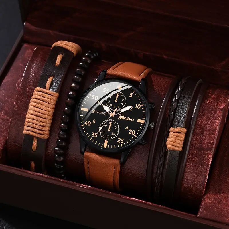 men's bracelet watch set, single calendar watch, fake three eye watch, canvas quartz watch, PU bracelet, men's fashion accessory, gift for men, Australian men's watch - Black - Size 12