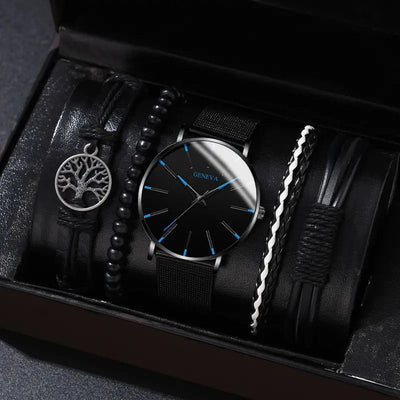 men's bracelet watch set, single calendar watch, fake three eye watch, canvas quartz watch, PU bracelet, men's fashion accessory, gift for men, Australian men's watch - Black - Size 2