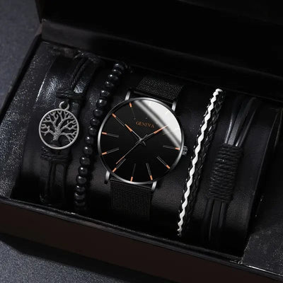 men's bracelet watch set, single calendar watch, fake three eye watch, canvas quartz watch, PU bracelet, men's fashion accessory, gift for men, Australian men's watch - Black - Size 3