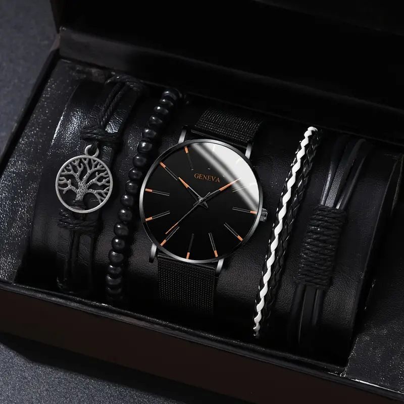 men's bracelet watch set, single calendar watch, fake three eye watch, canvas quartz watch, PU bracelet, men's fashion accessory, gift for men, Australian men's watch - Black - Size 3