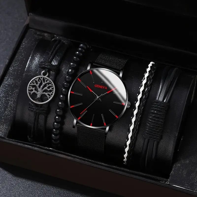 men's bracelet watch set, single calendar watch, fake three eye watch, canvas quartz watch, PU bracelet, men's fashion accessory, gift for men, Australian men's watch - Black - Size 4