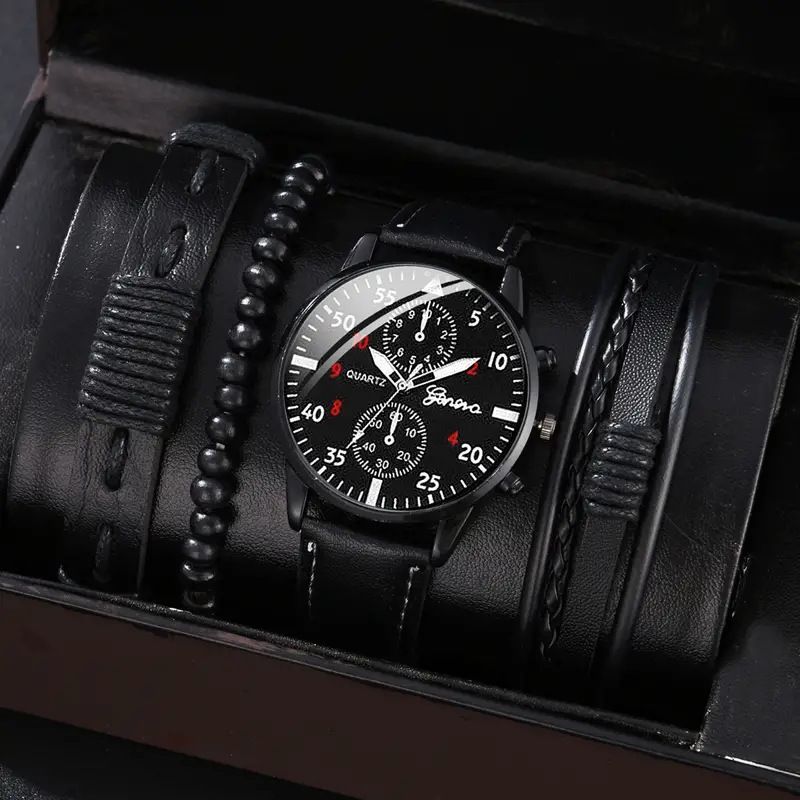 men's bracelet watch set, single calendar watch, fake three eye watch, canvas quartz watch, PU bracelet, men's fashion accessory, gift for men, Australian men's watch - Black - Size 5