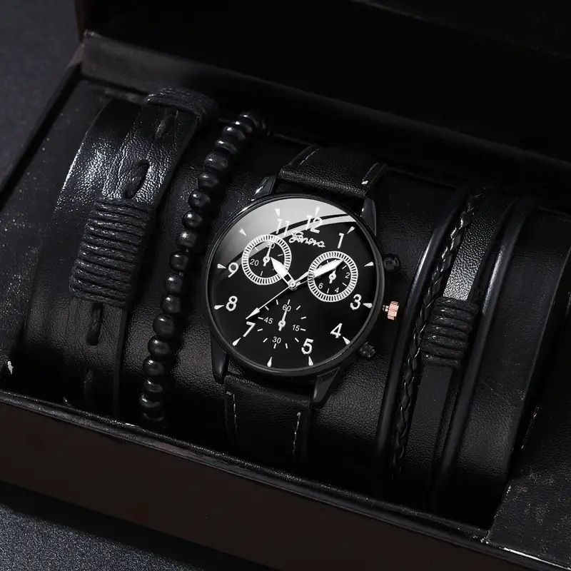 men's bracelet watch set, single calendar watch, fake three eye watch, canvas quartz watch, PU bracelet, men's fashion accessory, gift for men, Australian men's watch - Black - Size 6