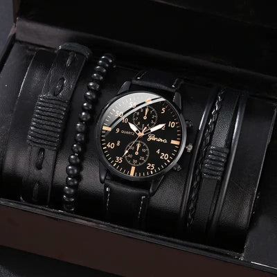 men's bracelet watch set, single calendar watch, fake three eye watch, canvas quartz watch, PU bracelet, men's fashion accessory, gift for men, Australian men's watch - Black - Size 8