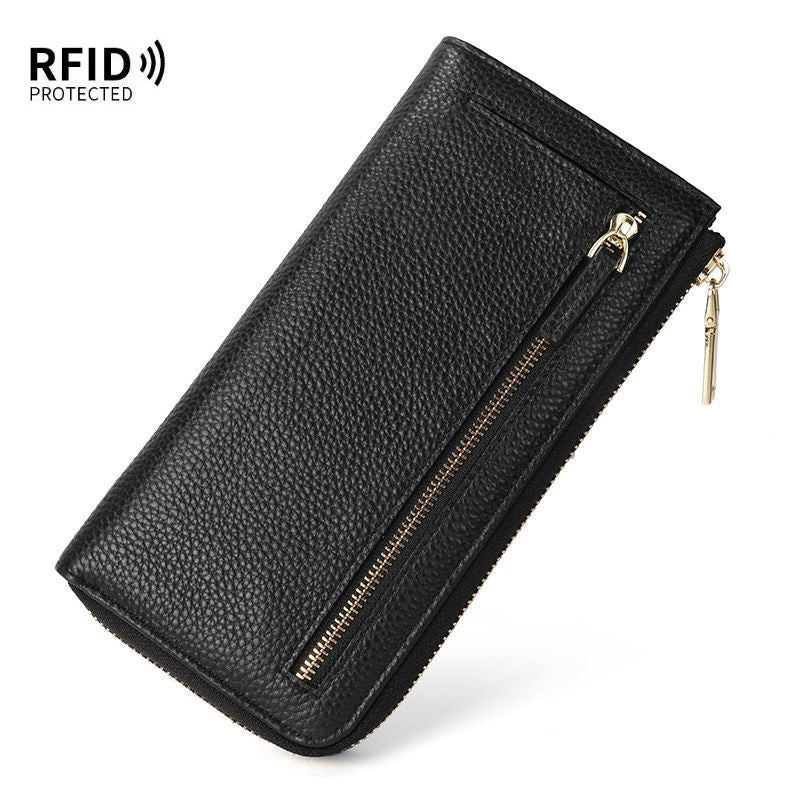 Genuine Leather Wallet RFID Blocking Wallet Long Zipper Clutch Women'S Phone - Black - Size m