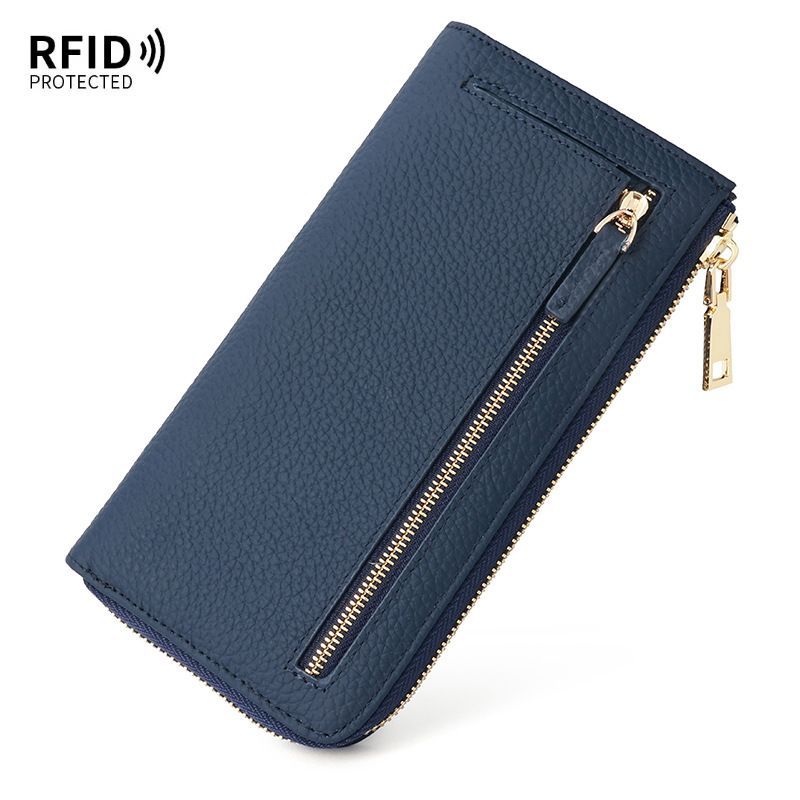 Genuine Leather Wallet RFID Blocking Wallet Long Zipper Clutch Women'S Phone - Blue - Size m