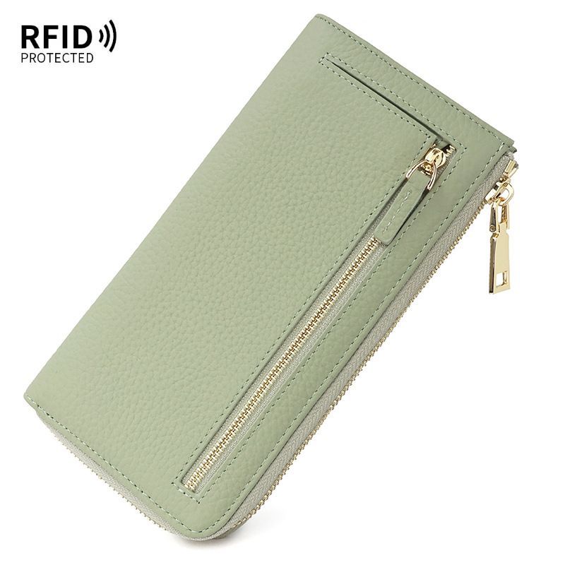 Genuine Leather Wallet RFID Blocking Wallet Long Zipper Clutch Women'S Phone - Light Green - Size m