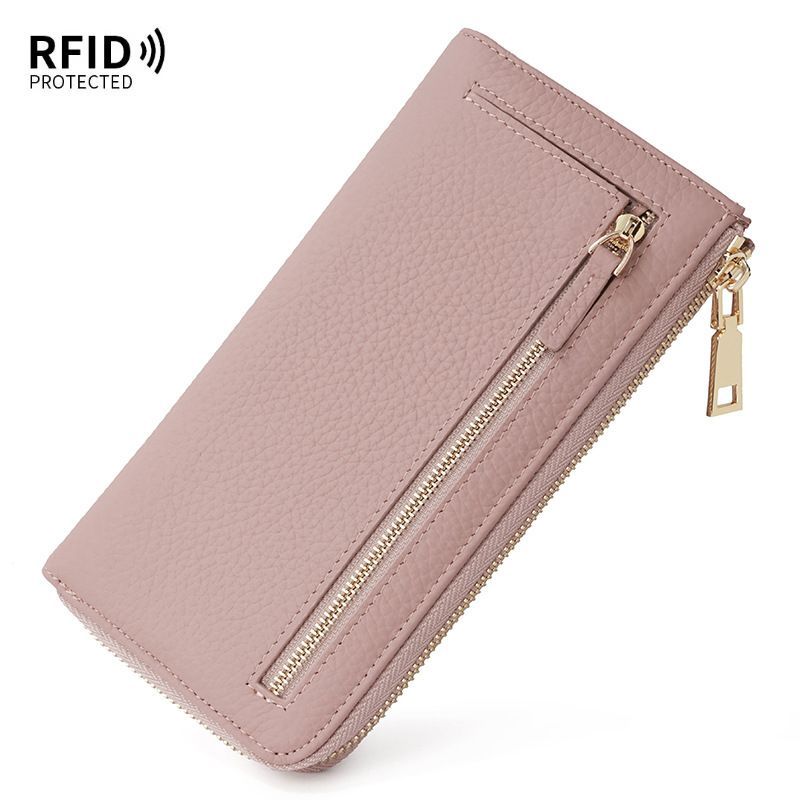 Genuine Leather Wallet RFID Blocking Wallet Long Zipper Clutch Women'S Phone - Pink - Size m