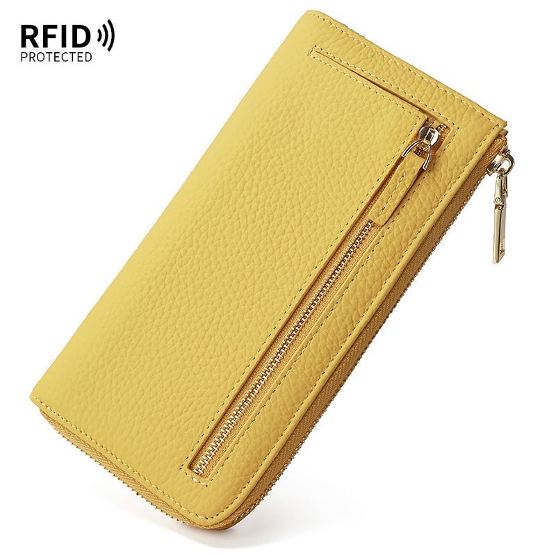 Genuine Leather Wallet RFID Blocking Wallet Long Zipper Clutch Women'S Phone - Yellow - Size m