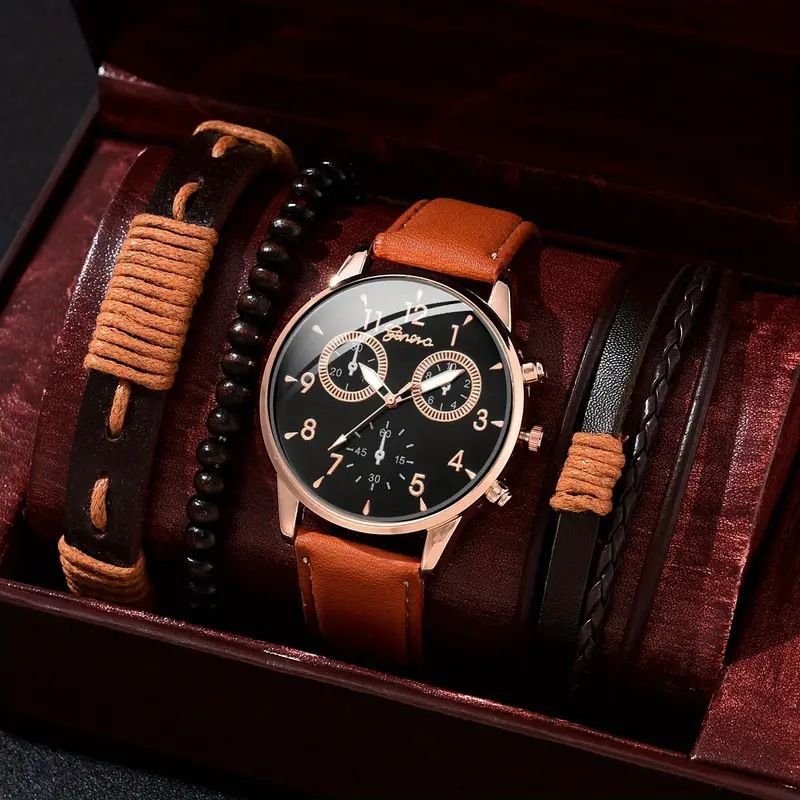 Men'S Bracelet Watch Set Single Calendar Watch Fake Three Eye Watch Canvas - Black - Size 14