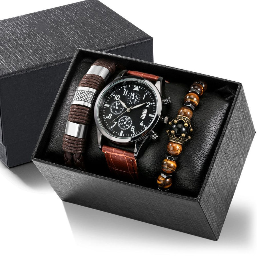 Men'S Bracelet Watch Set Single Calendar Watch Fake Three Eye Watch Canvas - Black - Size 15