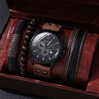 Men'S Bracelet Watch Set Single Calendar Watch Fake Three Eye Watch Canvas - Black - Size 16