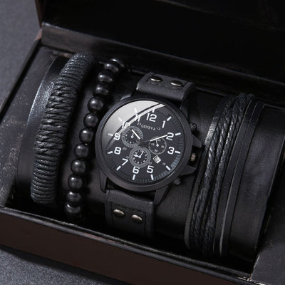 Men'S Bracelet Watch Set Single Calendar Watch Fake Three Eye Watch Canvas - Black - Size 17