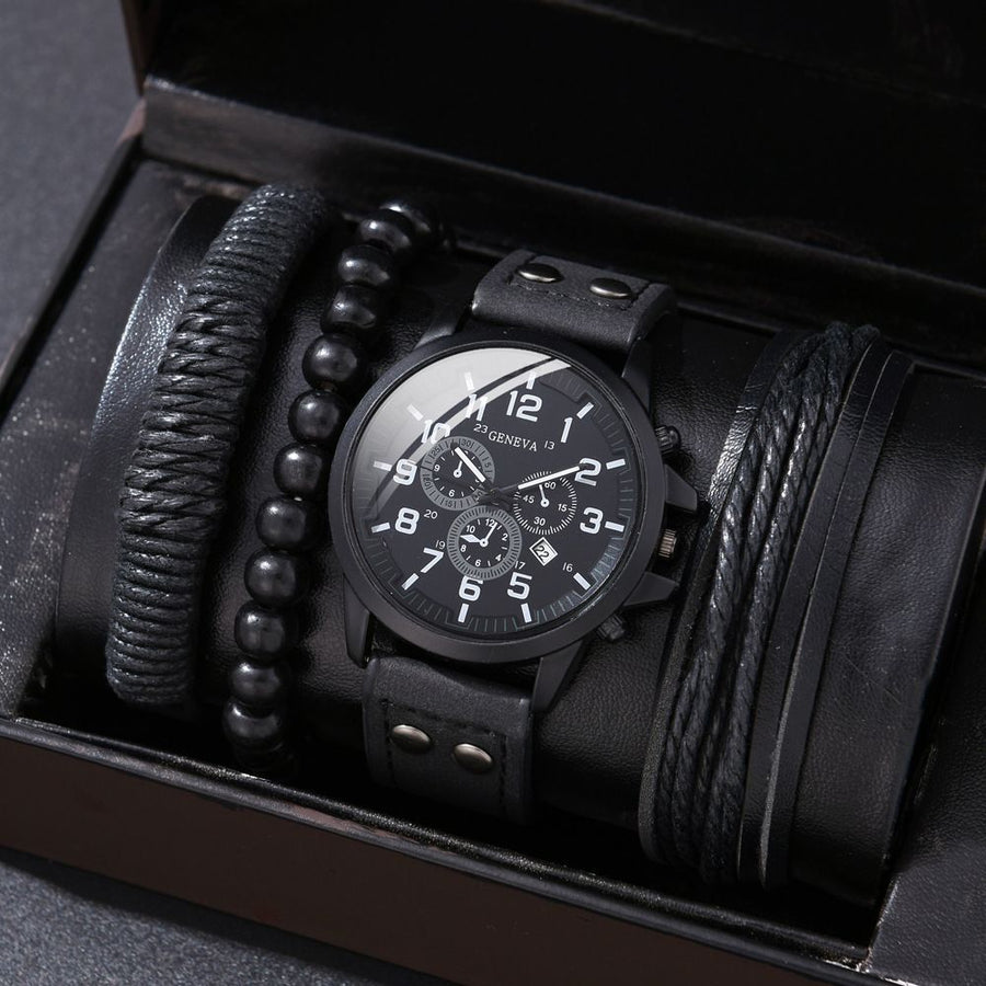 Men'S Bracelet Watch Set Single Calendar Watch Fake Three Eye Watch Canvas - Black - Size 17