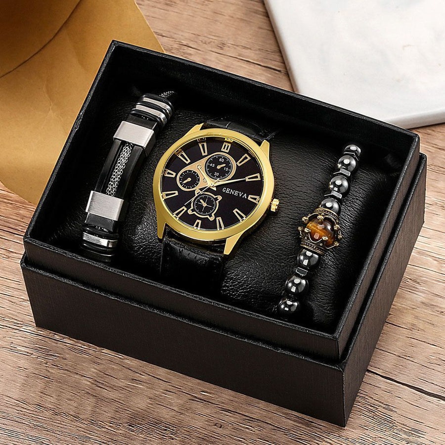 Men'S Bracelet Watch Set Single Calendar Watch Fake Three Eye Watch Canvas - Black - Size 18