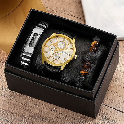 Men'S Bracelet Watch Set Single Calendar Watch Fake Three Eye Watch Canvas - Black - Size 19