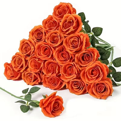 Artificial Silk Roses 25-Piece Bouquet Wedding Decorations Family Gathering - Orange - Size L