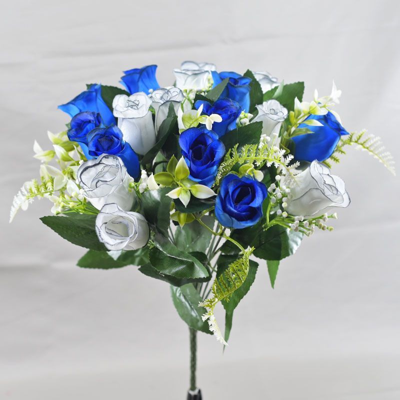 Artificial Rose Bouquet Faux Roses Fake Flowers Home Decor Garden Decoration - white and blue - Size L