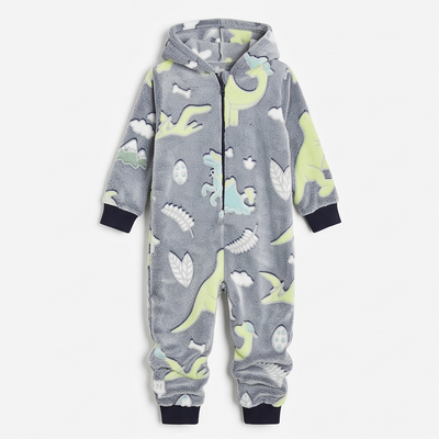 Kids Hooded Onesie - Coral Fleece 220 GSM - Grey Dinosaur - Unisex Size 4