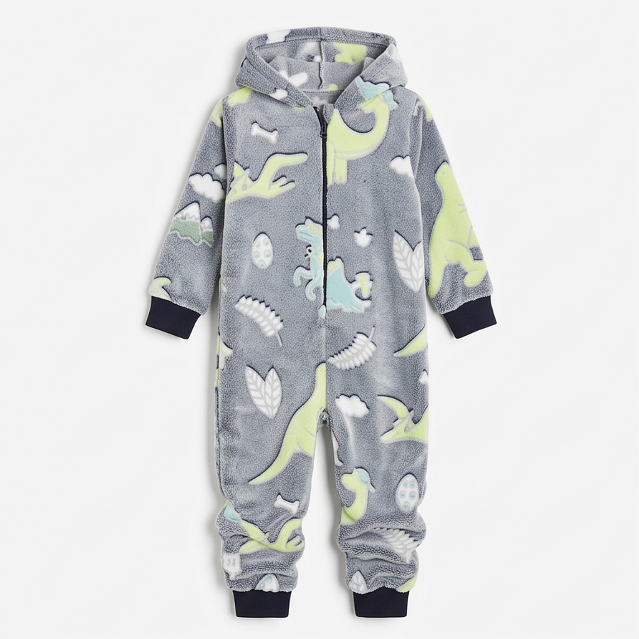 Kids Hooded Onesie - Coral Fleece 220 GSM - Grey Dinosaur - Unisex Size 4