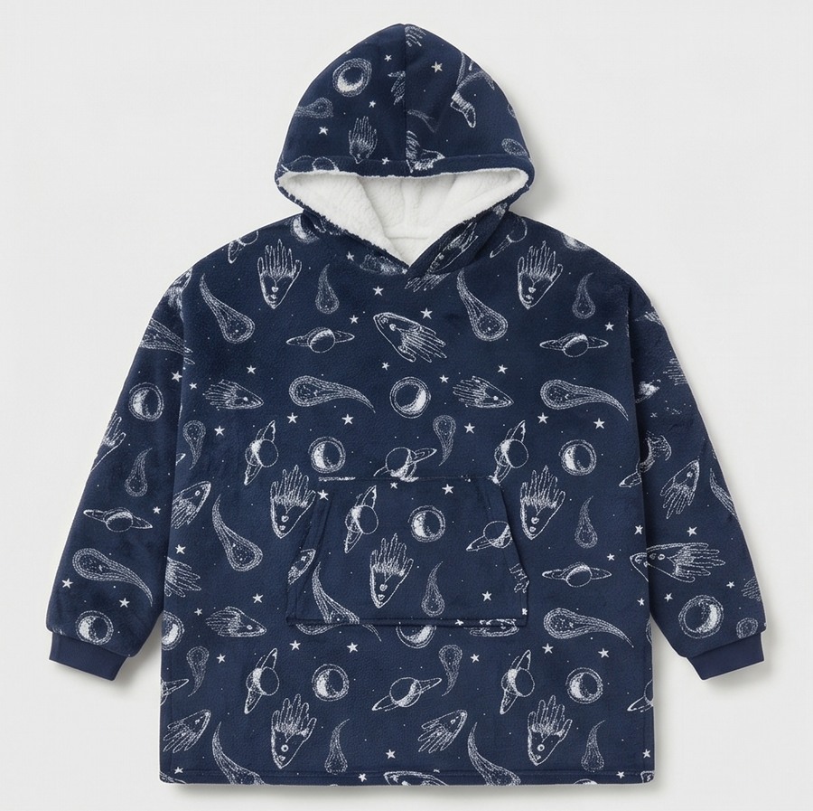 Kids Oversized Giant Wearable Blanket Hoodie Sherpa Fleece Sweatshirt Pullover - Navy Space - One Size Fits All (AU/EU)