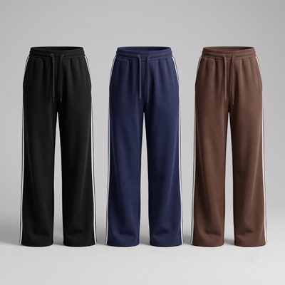 Ladies Extra Wide Leg Track Pants - Size Large - Pack of 3 - Black, Navy, Brown with white stripes