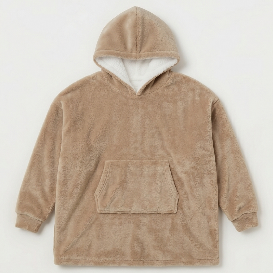 Kids Oversized Giant Wearable Blanket Hoodie Sherpa Fleece Sweatshirt Pullover - Solid Beige Colour - One Size Fits All (AU/EU)