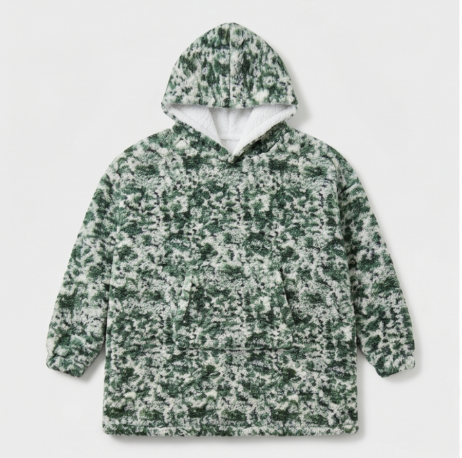 Kids Oversized Giant Wearable Blanket Hoodie Sherpa Fleece Sweatshirt Pullover - Green Camo - One Size Fits All (AU/EU)