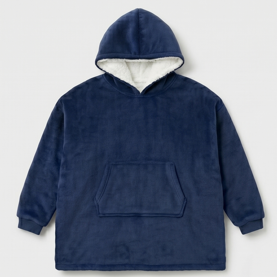 Kids Oversized Giant Wearable Blanket Hoodie Sherpa Fleece Sweatshirt Pullover - Solid Navy Blue Colour - One Size Fits All (AU/EU)