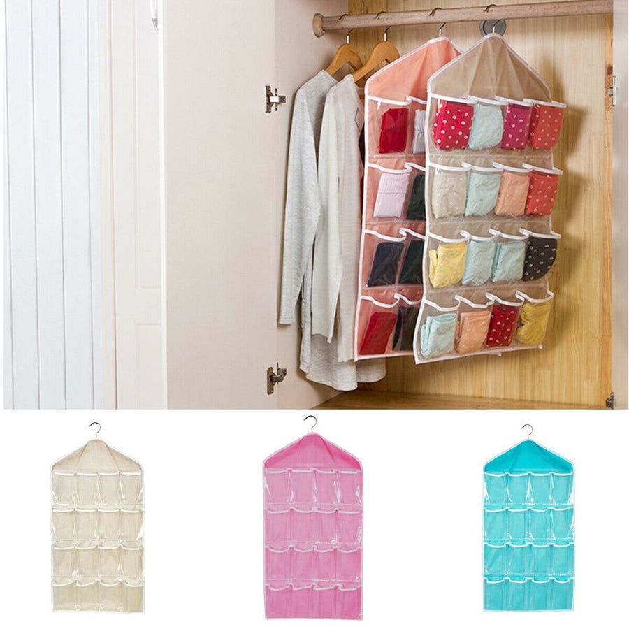 Beige 16 Pocket Hanging Wardrobe Organizer Transparent Storage Bag for Clothes Underwear Socks and Accessories