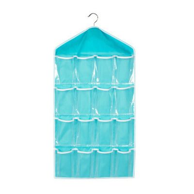 Blue 16 Pocket Hanging Wardrobe Organizer Transparent Storage Bag for Clothes Underwear Socks and Accessories