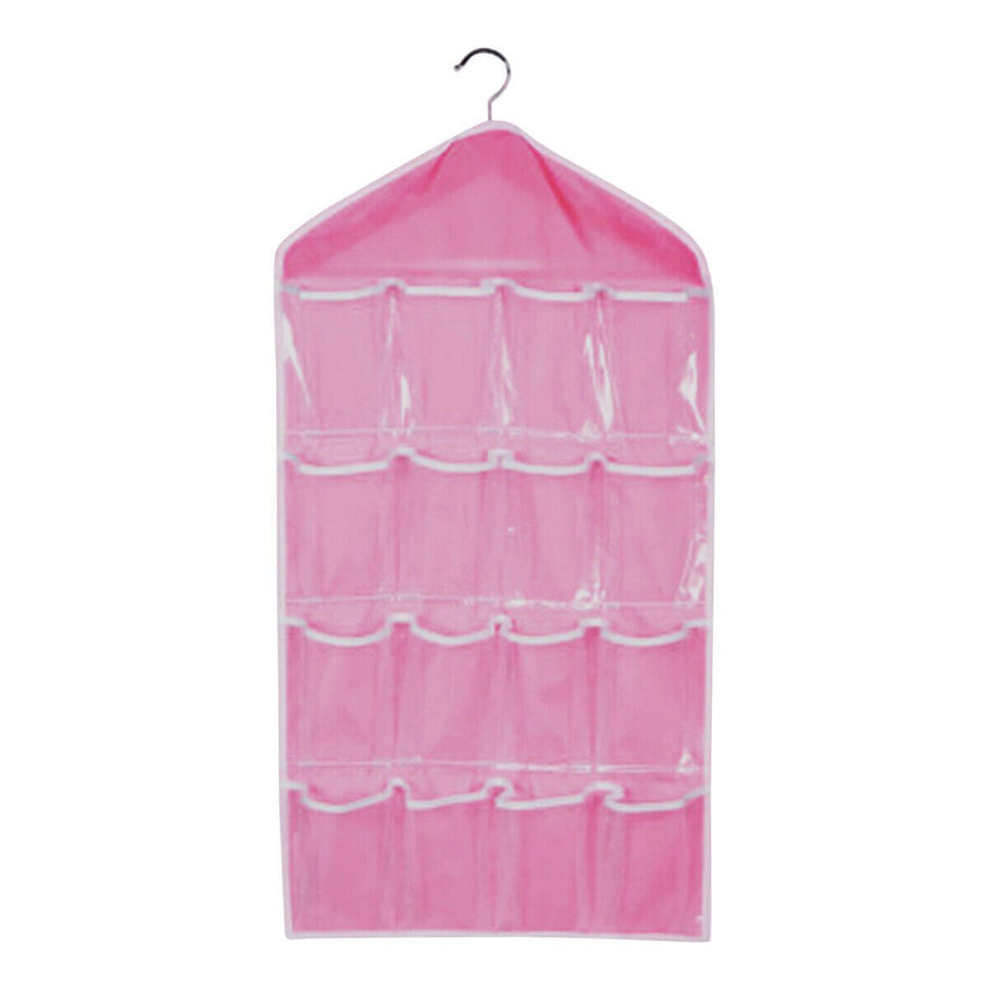Pink 16 Pocket Hanging Wardrobe Organizer Transparent Storage Bag for Clothes Underwear Socks and Accessories
