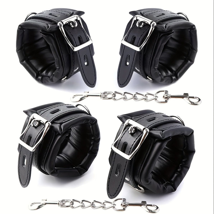 Padded Faux Leather Sex Cuffs, BDSM Bondage Restraints Toys Bondage Handcuffs and Ankle Cuffs for Sex(Handcuffs and Ankle Cuffs Set, Black)