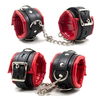Padded Leather Bondage Handcuffs and Ankle Cuffs Set, Leather Sex Toys SM Wrist Cuffs for Bondage Restraints, Bondage Kit Sex Cuffs, Bondage Cuffs for Sex Games (Wrist & Ankle, Red/Black)